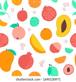 Food flat hand drawn seamless pattern. Fruits Healthy nutrition texture. Organic food scandinavian illustrations. Diet sketch color cliparts. Kitchen textile, background vector fill