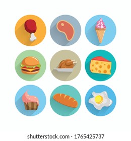 Food flat icon set with long shadow. meat, hamburger, fried egg, cheese, ice-cream, fried chicken, cupcake