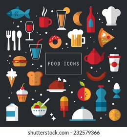 Food Flat Icons Design For Stylish Menu Or Web Application