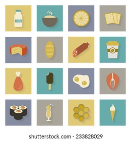 Food flat icons set with shadows