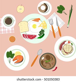 food in flat illustration style. Different dishes. Top view.