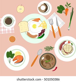 food in flat illustration style. Different dishes. Top view.