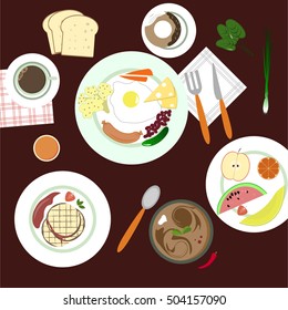 food in flat illustration style. Different dishes. Top view.