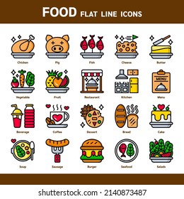 Food Flat Line icons for UX,UI, media, application, website. Vector illustration included icons such as Cheese, Restaurant, Kitchen, Menu, Coffee, Dessert, Bread, Cake, Soup, Burger, Seafood, Salads