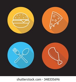 Food flat linear icons set. Hamburger, pizza slice, chicken leg and eatery symbol. Fast food, pizzeria, cafe and restaurant menu items. Long shadow outline logo concepts. Vector line art illustrations