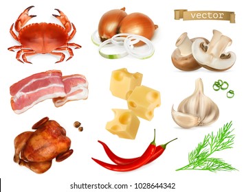 Food flavors and seasonings for snacks, natural additives, spice and other taste in cooking. Crab, bacon, chicken, onion, cheese, pepper, mushrooms, dill, garlic, 3d realistic vector icon set