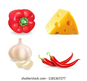 Food flavors for snacks. Chili peppers, paprika, cheese and garlic