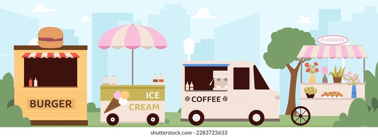 Markt für Lebensmittelflöhe. Straßenhandel, Kaffee-Hamburger-Eis und Blumenställe in der Lage des Stadtparks. Fastfood-Café im Freien, Vektorgrafik