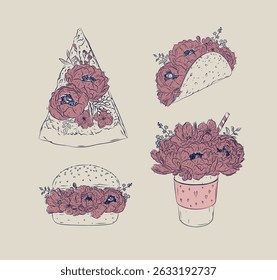 Food floral illustrations slice of pizza, taco, burger, take away coffee in floral style with flowers and petals drawing with blue and red on beige background
