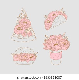 Food floral illustrations slice of pizza, taco, burger, take away coffee drawing in floral style with flowers and petals on beige background