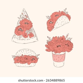 Food floral illustrations slice of pizza, taco, burger, take away coffee in floral style with flowers and petals drawing with coral and brown on beige background