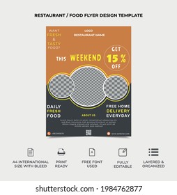 food flyer template design, three burgers image can placed in the center, vector a4 size eps 10 version. orange and ash color template, restaurant flyer professional, smart burger flyer design
