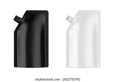 Food foil black and white doy pack mockup, Plastic stand up pouch with cap. Blank template for design. Realistic vector illustration isolated on white background