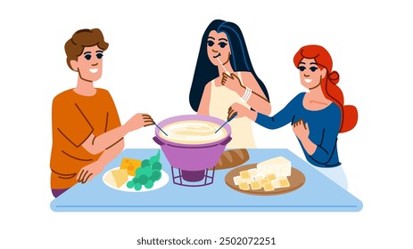 food fondue party vector. winter raclette, recipe pot, dinner dish food fondue party character. people flat cartoon illustration