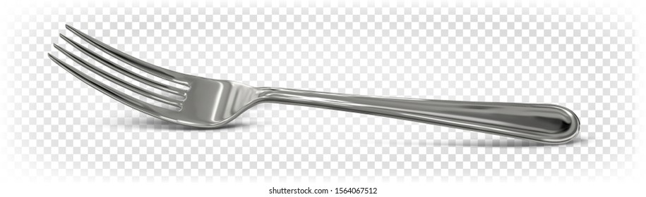 The food fork lies on the surface. Cutlery. Tableware. Vector 3d realistic chrome fork isolated on transparent background. 