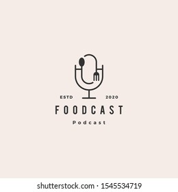 Food Fork Spoon Podcast Logo Hipster Retro Vintage Icon For Food Cooking Restaurant Blog Video Vlog Review Channel	