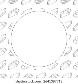 Food frame. doodle fast food circle frame. hand drawn food and beverage frame background. food background