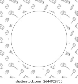 Speiserahmen. doodle Fast Food Kreisrahmen. handgezeichneter Hintergrund für Speisen und Getränke. Lebensmittelhintergrund