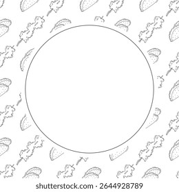 Food frame. doodle fast food circle frame. hand drawn food and beverage frame background. food background