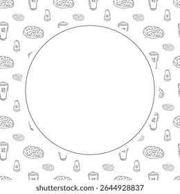 Food frame. doodle fast food circle frame. hand drawn food and beverage frame background. food background