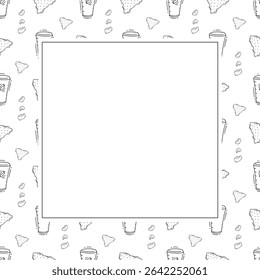 Food frame. doodle fast food square frame. hand drawn food and beverage frame background. food background