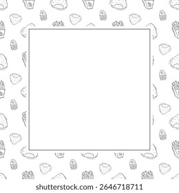 Moldura de comida. doodle moldura quadrada de comida rápida. fundo de moldura de comida e bebida desenhado à mão. fundo de comida
