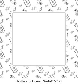 Food frame. doodle fast food square frame. hand drawn food and beverage frame background. food background