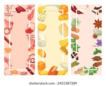 Food frame rectangle banner with meat cheese and herbs vegetables set isometric vector illustration. Cafe restaurant shop butchery menu border with sausages steak bacon parsley garlic decor boundary