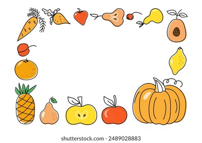 Food frame, set of vegetables, fruits, berries and handwritten calligraphic inscriptions. Harvest. Vegetarianism. Local farmers market and diet food concept. Vector illustration. Isolated background.