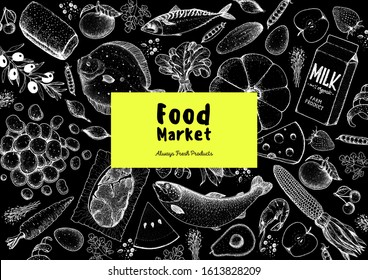 Food frame sketch. Vector illustration. Vegetables, fruits, meat hand drawn. Organic food set. Good nutrition pattern. Hand drawn food design elements. 