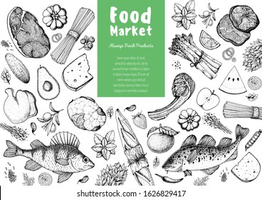 Food frame sketch. Vector illustration. Vegetables, fruits, meat, bread hand drawn. Organic food set. Good nutrition pattern. Hand drawn food design elements.