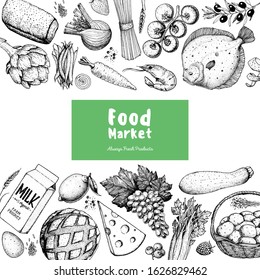 Food frame sketch. Vector illustration. Vegetables, fruits, meat, bread hand drawn. Organic food set. Good nutrition pattern. Hand drawn food design elements.