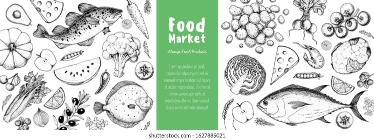 Food frame sketch. Vector illustration. Vegetables, fruits, fish hand drawn. Organic food set. Good nutrition pattern. Hand drawn food design elements. Healthy food