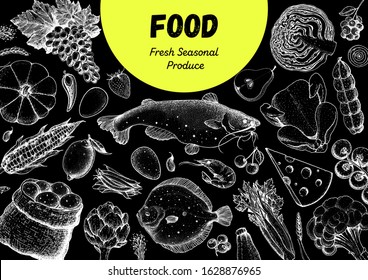 Food frame sketch. Vector illustration. Vegetables, fruits, meat hand drawn. Organic food set. Good nutrition pattern. Hand drawn food design elements.