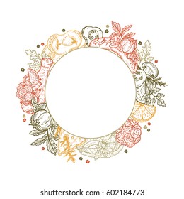 Food frame. Vector Set for menu decoration. Hand Drawn Sketch Snacks: Sausages, Fried chicken, Scrambled eggs with bacon, Fish, Cheese and Vegetables