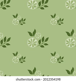 Food fresh seamless pattern with doodle hand drawn lime with leaves ornament. Pastel green tones. Graphic design for wrapping paper and fabric textures. Vector Illustration.