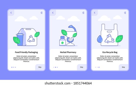 food friendly packaging herbal pharmacy eco recycle bag onboarding for mobile app template ui web with flat outline style