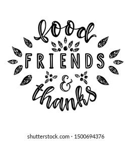 Food Friends & thanks. Hand drawn illustration with hand lettering. 