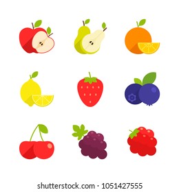 Food - Fruit - Flat Icon Set - Apple, Pear, Orange, Lemon, Strawberry, Blueberry, Cherry, Grape And Raspberry Isolated On White Background