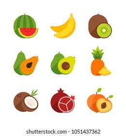 Food - Fruit - Flat Icon Set - Watermelon, Banana, Kiwi, Papaya, Avocado, Pineapple, Coconut, Pomegranate and Peach Isolated on White Background