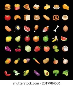 Essen und Obst, Vektorgrafik Emoji. Essen und Getränke, Fruchtsymbole, Emojis, Emojis, Emoticons, Aufkleber, Symbole Gemüse, Kuchen, Vektorgrafik flache Symbole Set, Sammlung, Paket. 