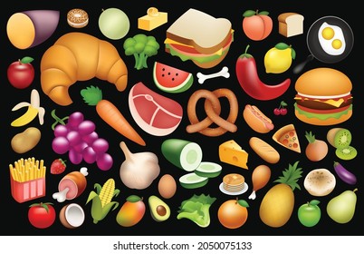 Food And Fruit Vector Emoji Illustration. Food And Beverages, Fruits Symbols, Emojis, Emoticons, Stickers, Icons Vegetables, Cakes, Vector Illustration Flat Icons Set, Collection, Pack. 