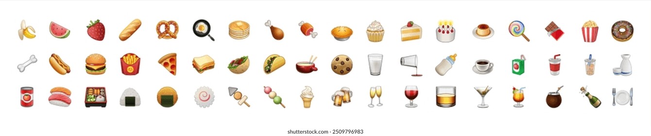 Ilustração de emojis de vetor de frutas e alimentos. Comida e bebidas, símbolos de frutas, emojis, emoticons, adesivos, ícones Vegetais, bolos, ilustração vetorial conjunto de ícones planos, coleção. Vetor 10eps