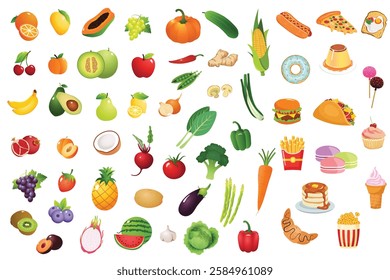 Food and fruit vector emoji illustration. Food and beverages, fruits symbols, emojis, emoticons, stickers, icons Vegetables, cakes, vector illustration flat icons set, collection, pack.