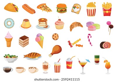 Food and fruit vector emoji illustration. Food and beverages, fruits symbols, emojis, emoticons, stickers, icons Vegetables, cakes, vector illustration flat icons set, collection