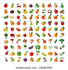 Food. Fruits and vegetables. Colored icons set. Vector illustration