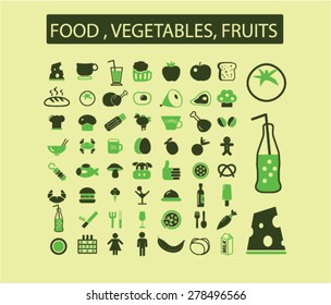 food, fruits, vegetables, drink, grocery icons, signs, illustrations set, vector