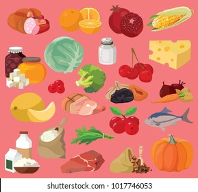 Food. Fruits, vegetables, fats, meat, cereals, dairy products. For your convenience, each significant element is in a separate layer. Eps 10