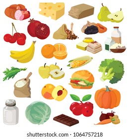 Food. Fruits, vegetables, fats, meat, cereals, dairy products. For your convenience, each significant element is in a separate layer. Eps 10