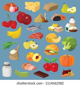 Food. Fruits, vegetables, fats, meat, cereals, dairy products. For your convenience, each significant element is in a separate layer. Eps 10
